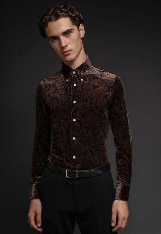 MENS NAVY PAISLEY RETRO MOD BUTTON DOWN VELVET SHIRT