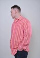 VINTAGE OVERSIZED PINK SHIRT, MEN STRIPED HOLIDAY BUTTON UP