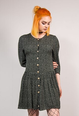 90'S VINTAGE DARK GREEN LEAF PATTERN 3/4 SLEEVE DRESS