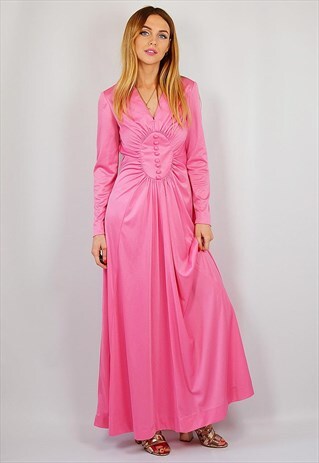 VINTAGE 70S LIPSTICK PINK CARNEGIE HIPPY FESTIVAL MAXI DRESS