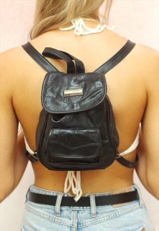 1990S VINTAGE JET BLACK REAL SOFT LEATHER BACKPACK