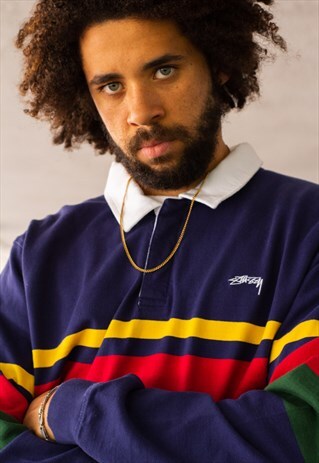 VINTAGE 90'S STUSSY RUGBY JUMPER IN NAVY, RED & YELLOW