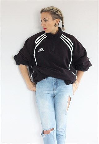 VINTAGE 1990S ADIDAS BLACK 3 STRIPE OVERSIZED FLEECE