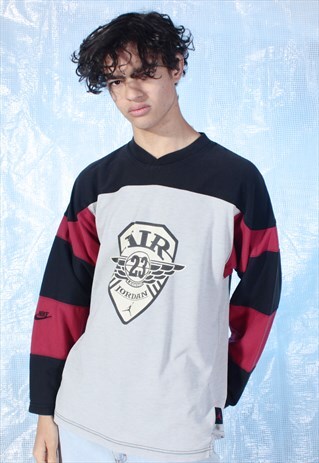VINTAGE NIKE GREY, BLACK AND RED LONG SLEEVED TEE