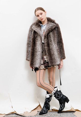 VINTAGE 70S BOHO FAUX FUR BOXY FIT COAT IN BROWN OVERSIZED