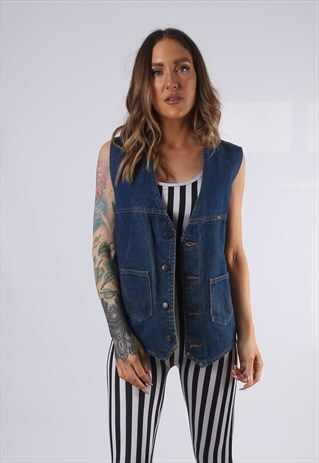 VINTAGE DENIM WAISTCOAT JACKET OVERSIZED FITTED UK 20 (HD1Y)