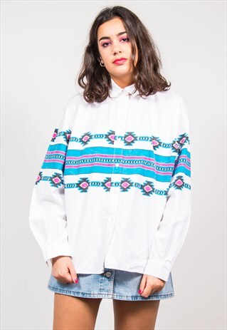 VINTAGE 90'S WHITE AZTEC PATTERN WESTERN STYLE SHIRT