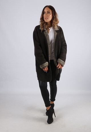 VINTAGE SHEEPSKIN SUEDE SHEARLING COAT SHORT MID UK 16 (J2L)