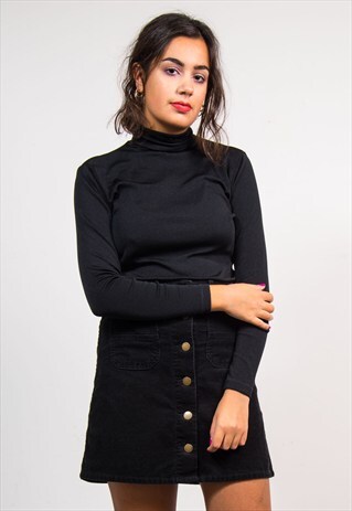 70'S RETRO BLACK ROLL NECK STRETCH LONG SLEEVE TOP