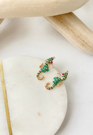 GOLD DIAMANTE GREEN SEAHORSE STUD SMALL DAINTY EARRINGS