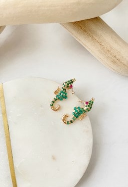 Gold Diamante Green Seahorse Stud Small Dainty Earrings