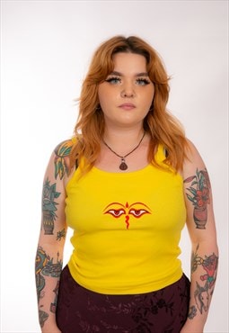 Vintage Yellow Red Embroidered Eyes of Buddha Cami Top Vest