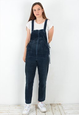 Women's M Navy Cord Overall Dungaree Bib Lace Up DIY Vintage