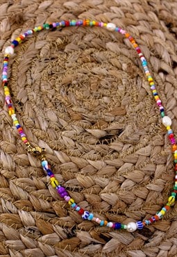 Multicolour Beaded Seed and Pearl Necklace 90s Y2K Beaded