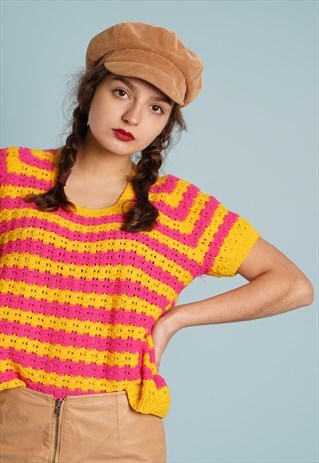 70'S RETRO JAZZY SHEER KNIT TOP IN CROCHET
