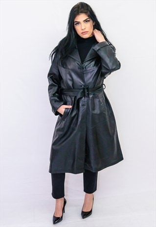 Vintage Long Leather Coat Black Made in Italy B366 | Second Chance ...
