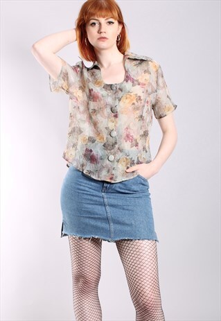VINTAGE 80S FLORAL TEXTURED SHEER BUTTON BLOUSE