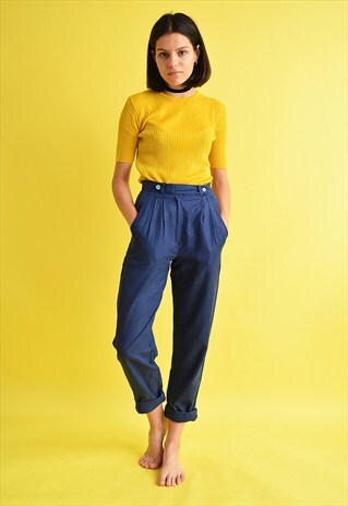 VINTAGE 80'S RETRO CLASSY NAVY TAPERED HIGHWAISTED TROUSERS