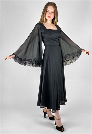70's Vintage Ladies Black Angel Sleeve Fringed Midi Dress