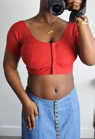 VINTAGE 90S CROP TOP RED HANDMADE MILKMAID COTTAGECORE