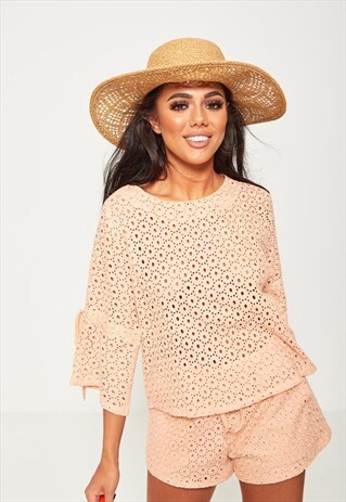 PEACH BABYDOLL CROCHET LACE CO-ORD SET