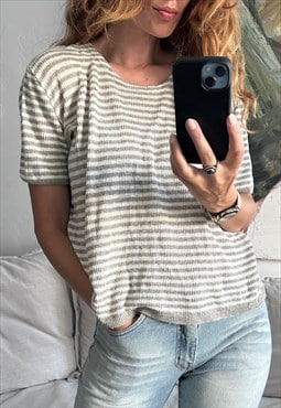 Linen Pastel Striped Casual Tee / tshirt - Large 