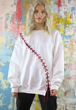 SWEATSHIRT IN WHITE WITH LACE UP DETAIL