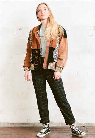 VINTAGE 90S TRIBAL PRINT SUEDE BOMBER JACKET