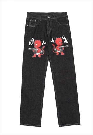 Devil print jeans grunge graffiti Halloween denim overalls
