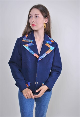 VINTAGE BLUE MULTICOLOR PRINT PARTY BLAZER, SIZE M