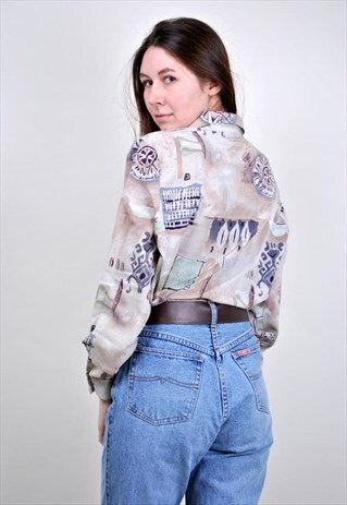 80S ABSTRACT PATTERN LONG SLEEVE BLOUSE