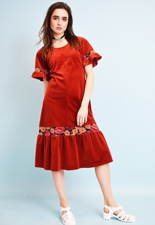 VINTAGE 70'S RETRO BOHO VELVET MIDI FLARE SWING DRESS