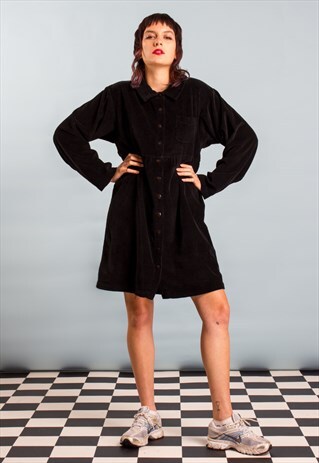 90'S VINTAGE JUMBO CORDUROY LONG SLEEVE DRESS BLACK CORD