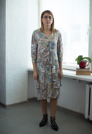 VINTAGE 80'S MULTI COLOUR PATTERNED MIDI DRESS