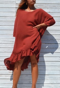 Terracotta red organic cotton oversized asymmetrical dress