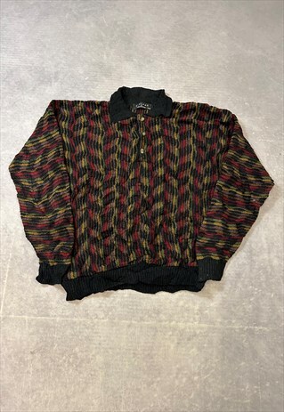 VINTAGE KNITTED JUMPER ABSTRACT PATTERNED GRANDAD SWEATER