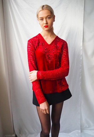 VINTAGE RED VELVET TOP WITH LACE INSERT