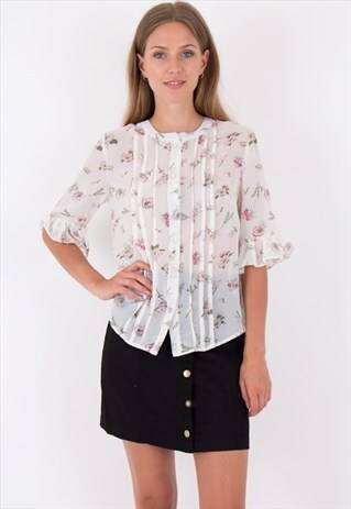 FLORAL PRINT PLEATED FRONT BUTTON DOWN 3/4 FRILL SLEEVE TOP