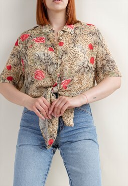 Vintage 90s Semi Sheer Button Up Rose&Leo Print Blouse XL