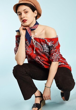 90'S RETRO BOHO PARIS CHIC OFF-SHOULDER BANDANA TOP BLOUSE