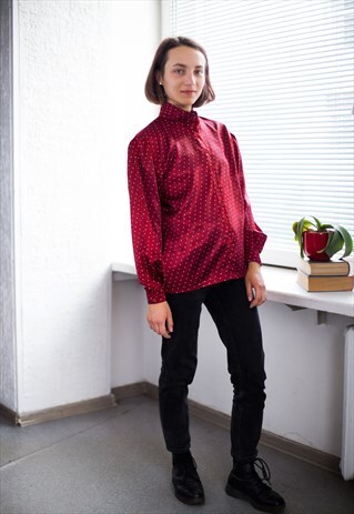 VINTAGE 80'S BURGUNDY RED POLKA DOT HIGH COLLAR BLOUSE