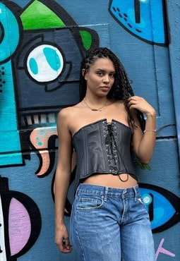 Vintage 90s y2k leather ring lace-up bustier corset 