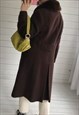 VINTAGE 70S LONG BROWN WOVEN WOOL COAT WITH SHEEPSKIN COLLAR
