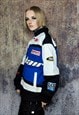 RACER JACKET MULTI PATCH PADDED MOTORCYCLE BOMBER IN BLUE