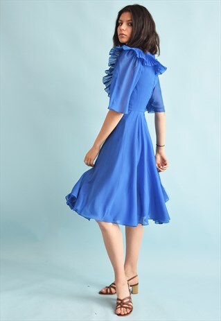 VINTAGE 70'S BLUE MIDI ELEGANT PRINCESS SILHOUETTE DRESS