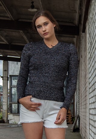 VINTAGE RETRO BLACK SHINNY V-NECK JUMPER