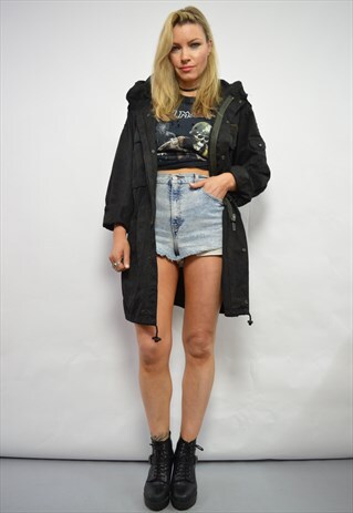 VINTAGE 90S BLACK OVERSIZED MILITARY HOODED PARKA COAT