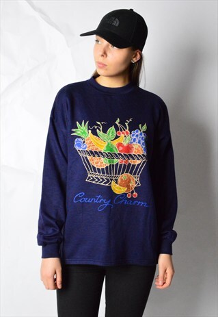 90S NAVY BLUE FRUIT LIGHTWEIGHT DROP SHOULDER SWEATSHIRT