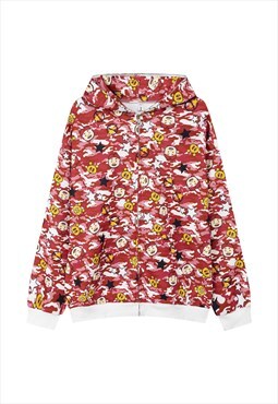 Anime hoodie camo print pullover kawaii cartoon top in red 