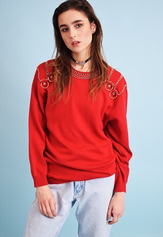 90'S RETRO RED BEADED KNITTED JUMPER TOP